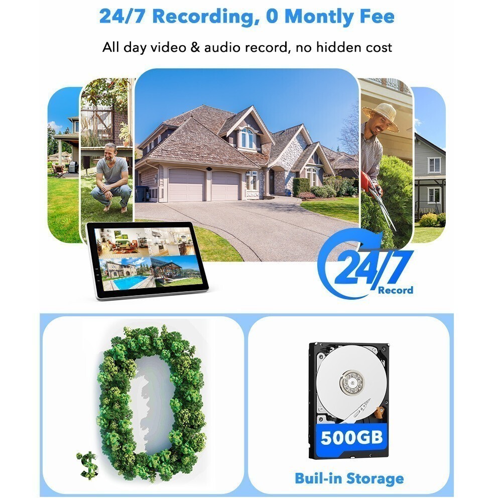 Wireless 4MP Security Camera System 4K 10CH NVR 2-Way Audio Recording Dual lens