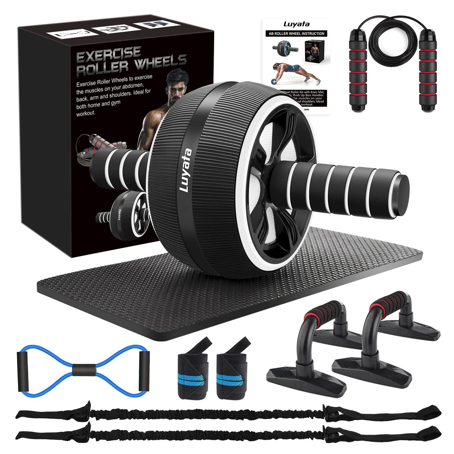10 in 1 Ab Roller Wheel Exercise Kit with Resistance Bands Knee Mat Home Gym
