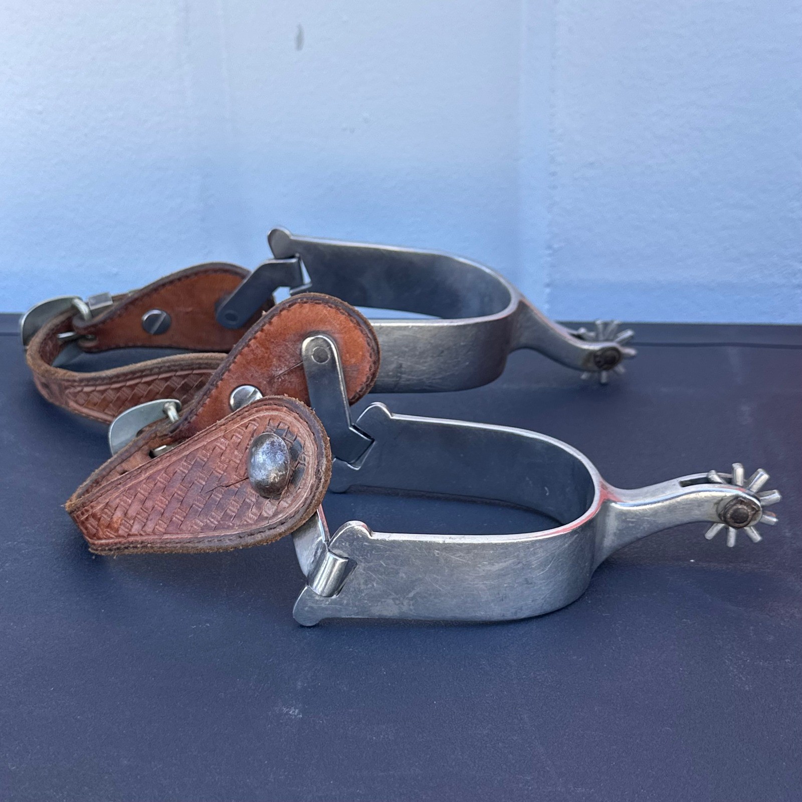 Vintage Garcia 6624 Sterling Silver Overlay Western Horse Spurs w/Leather Straps