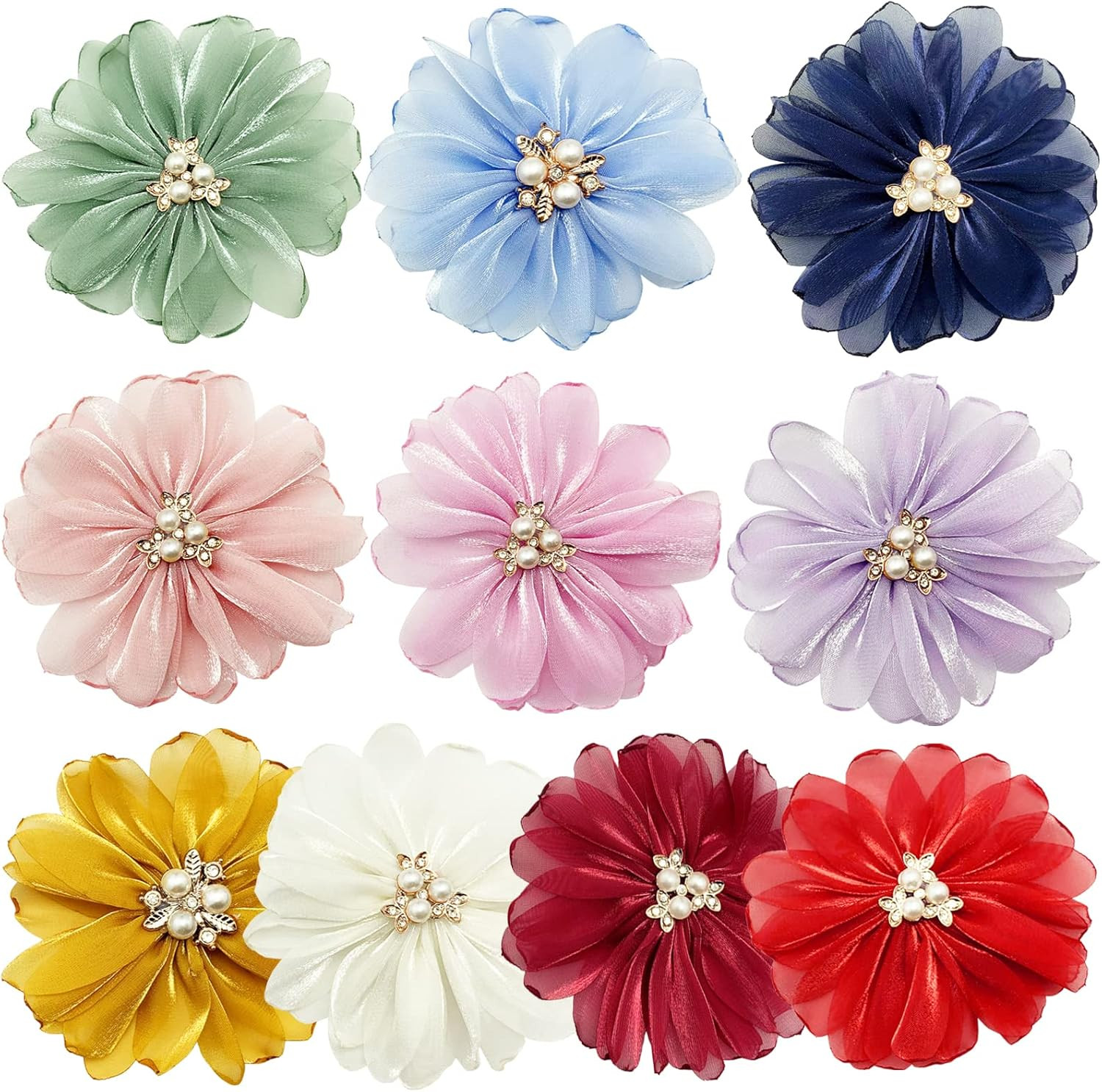 10Pcs Glossy Chiffon Fabric Flowers Appliques 3.5" Flat Back Shiny for Party Wed