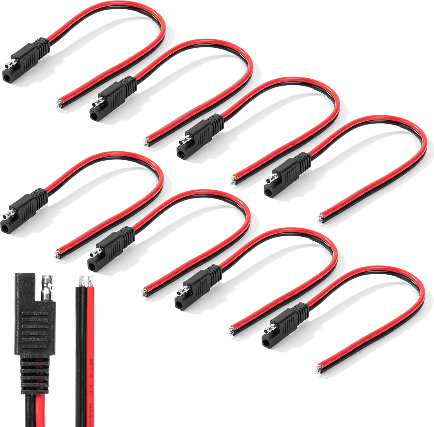 8 Pack 12 Inch SAE Connector 14 AWG, 2 Pin Single Plug Connector, Copper Wire