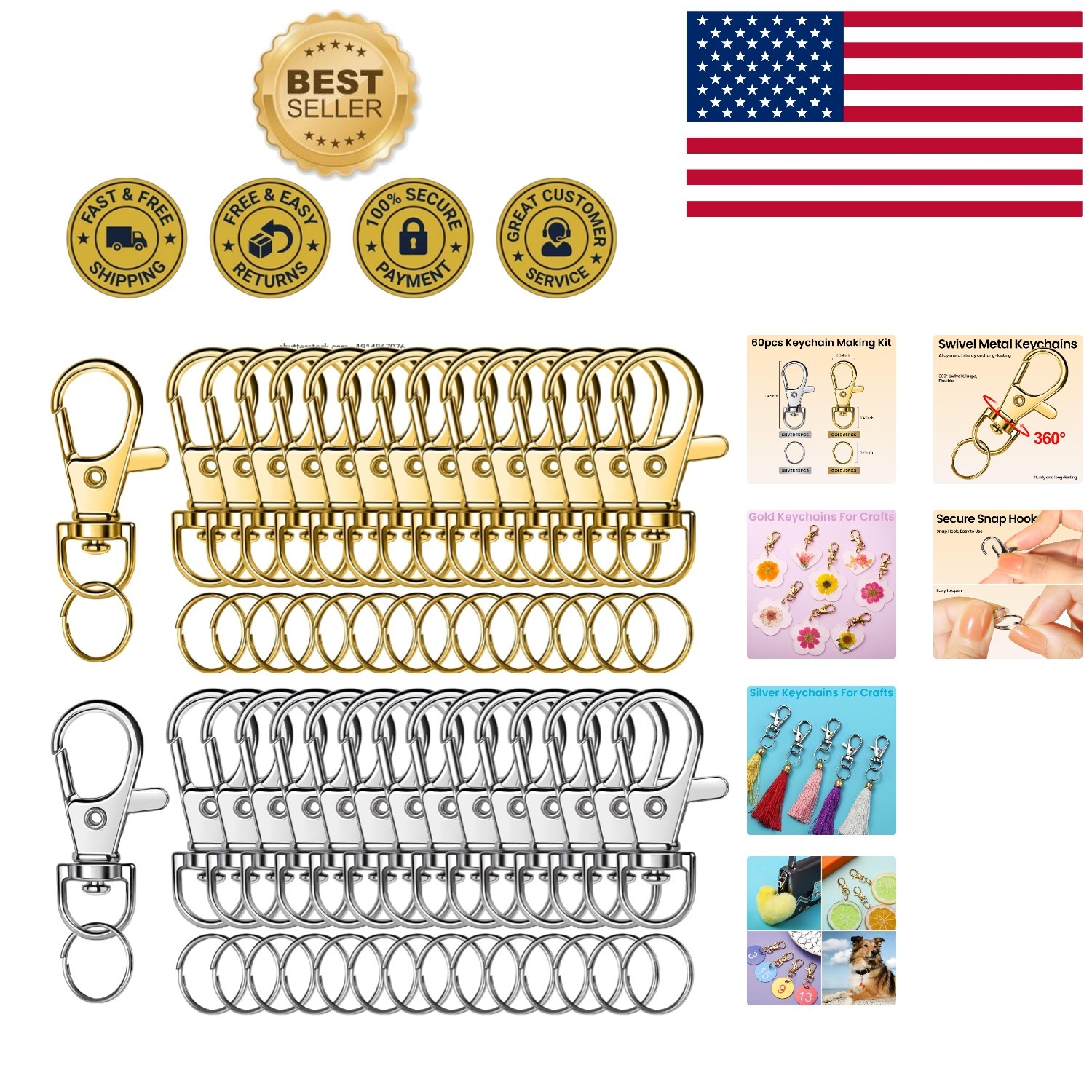60PCS Keychain Making Kit: Gold & Silver Lobster Clasps & Rings for DIY Crafts
