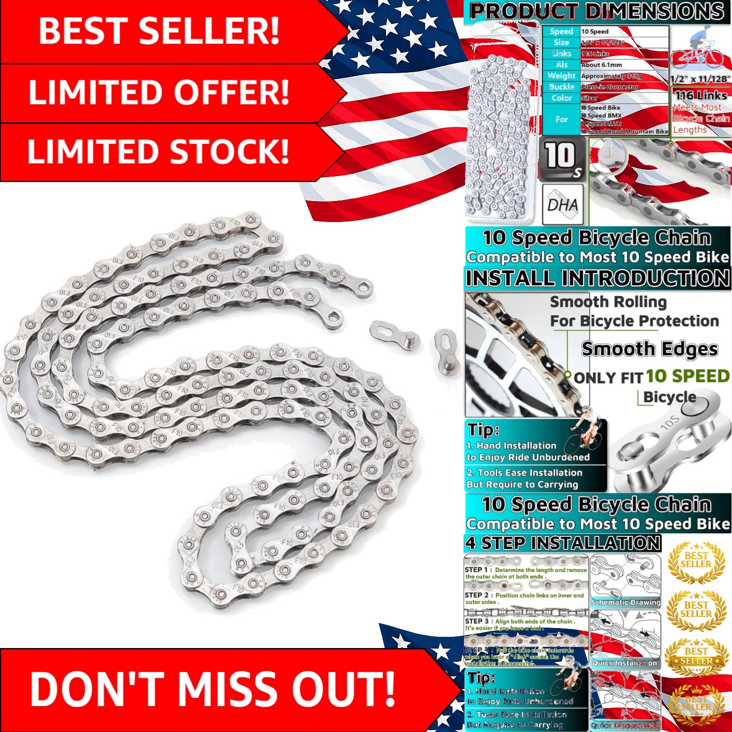 Versatile 10-Speed Bike Chain 1/2" x 11/128" - Enhanced Performance & Durability