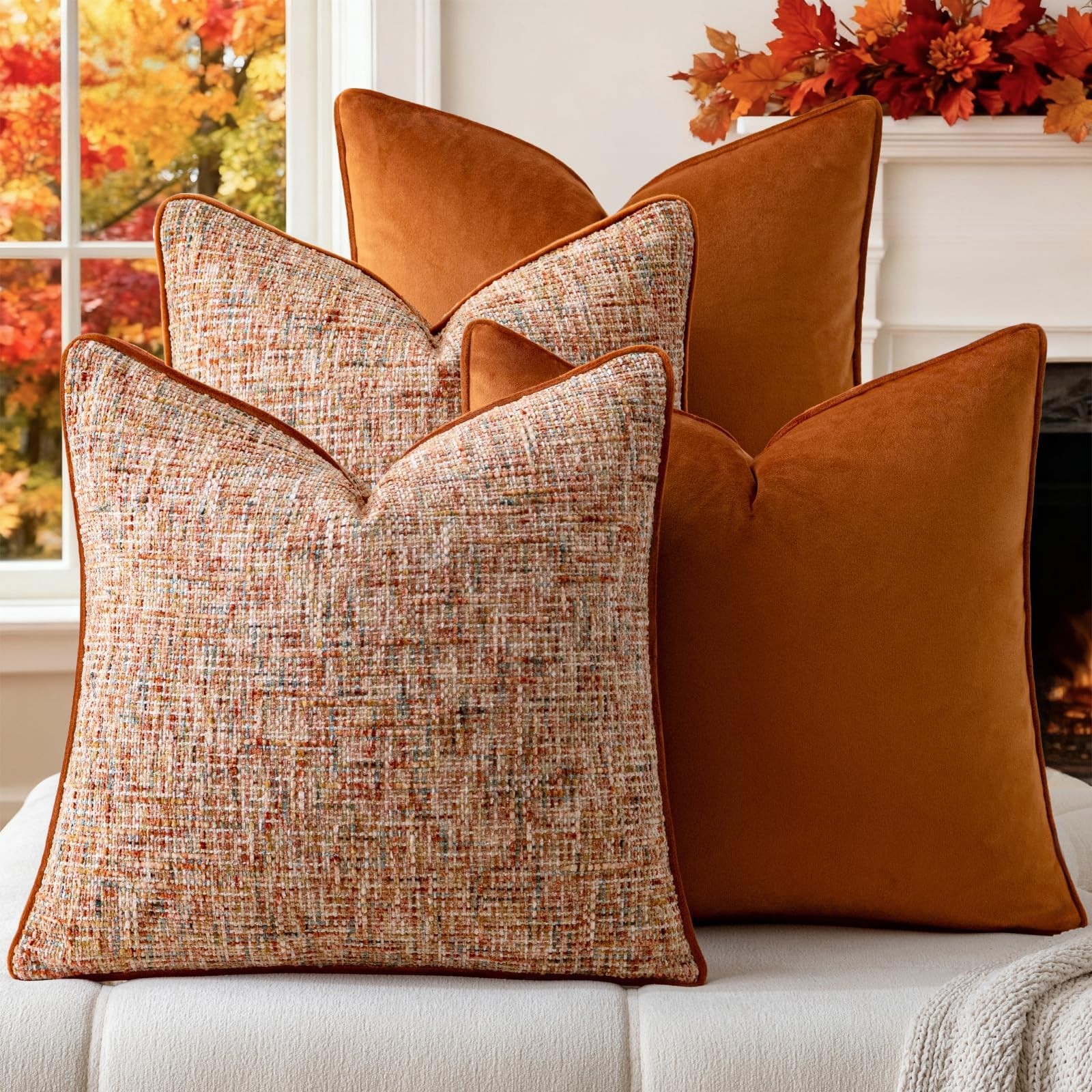 a moment Fall Orange 4 Pack Throw Pillow Covers - Chenille & Velvet Set with ...