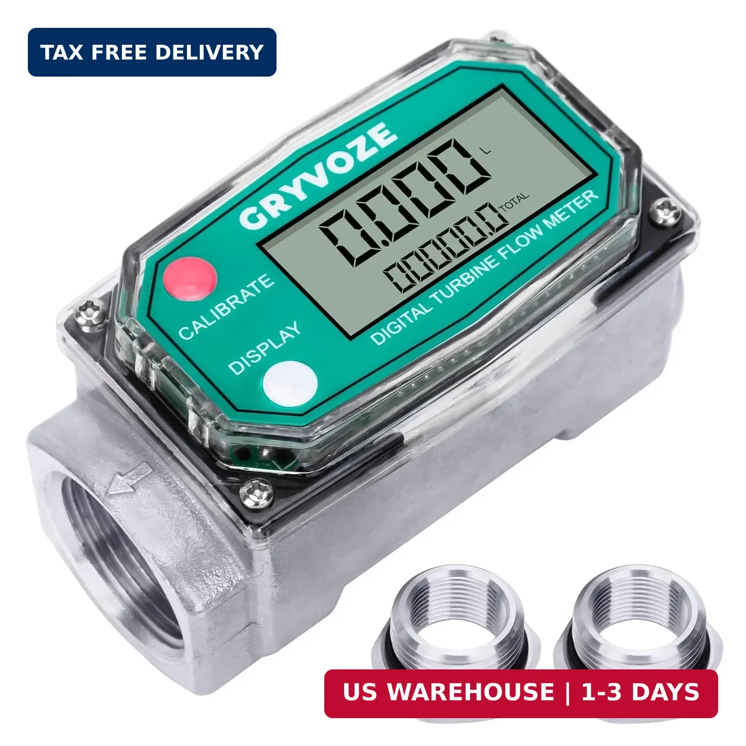 1" Fuel Flow Meter with 3/4" Adapters for Water, Diesel & Gasoline | NPT Digital