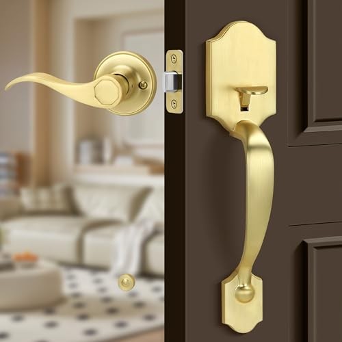 Gold Front Door Handle Set with Passage Lever, Deadbolt Not Brushed Gold