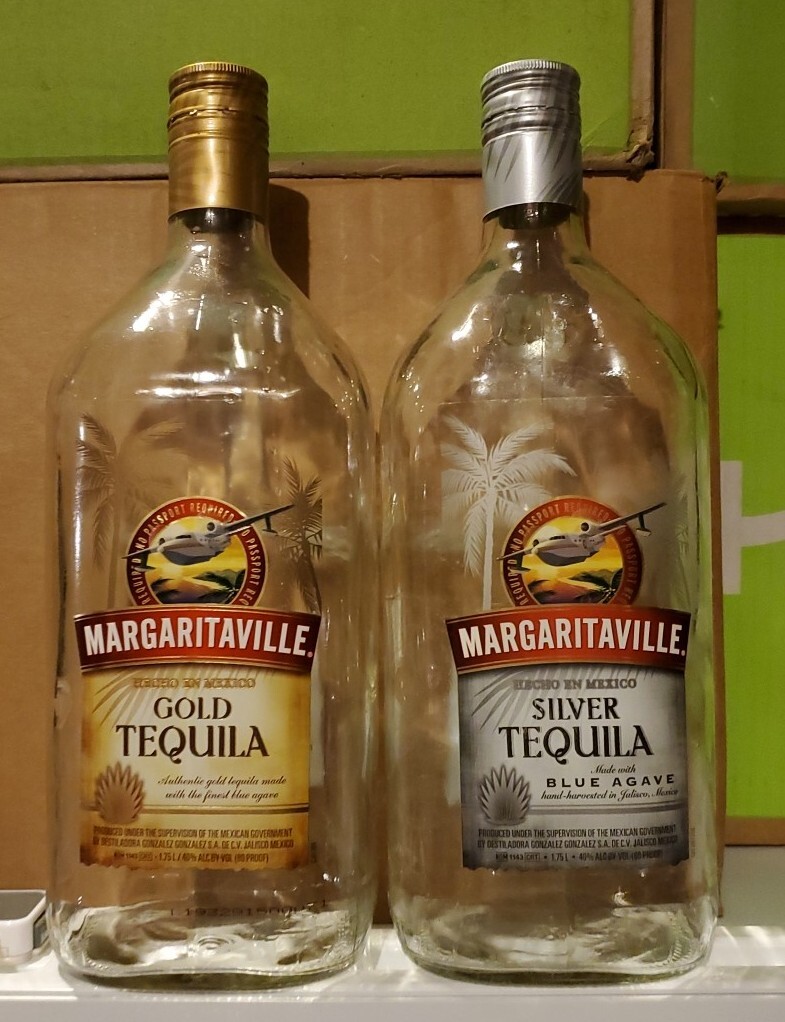 MARGARITAVILLE SILVER & GOLD TEQUILA LARGE 1.75L Empty Collectible Glass Bottles
