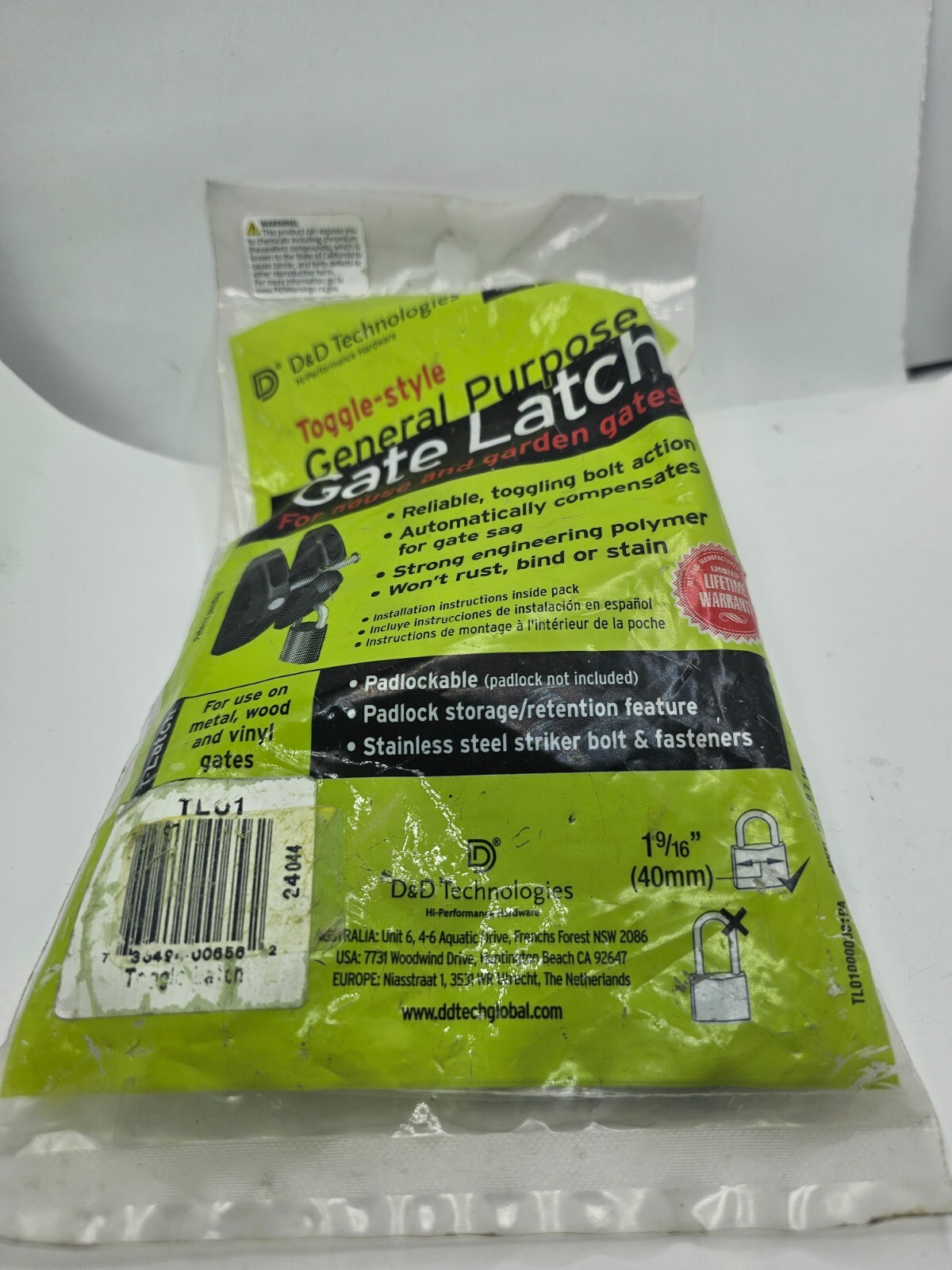 Padlock Gravity Gate Latch D&D Technologies TL01 T-Latch Action Gate Latch