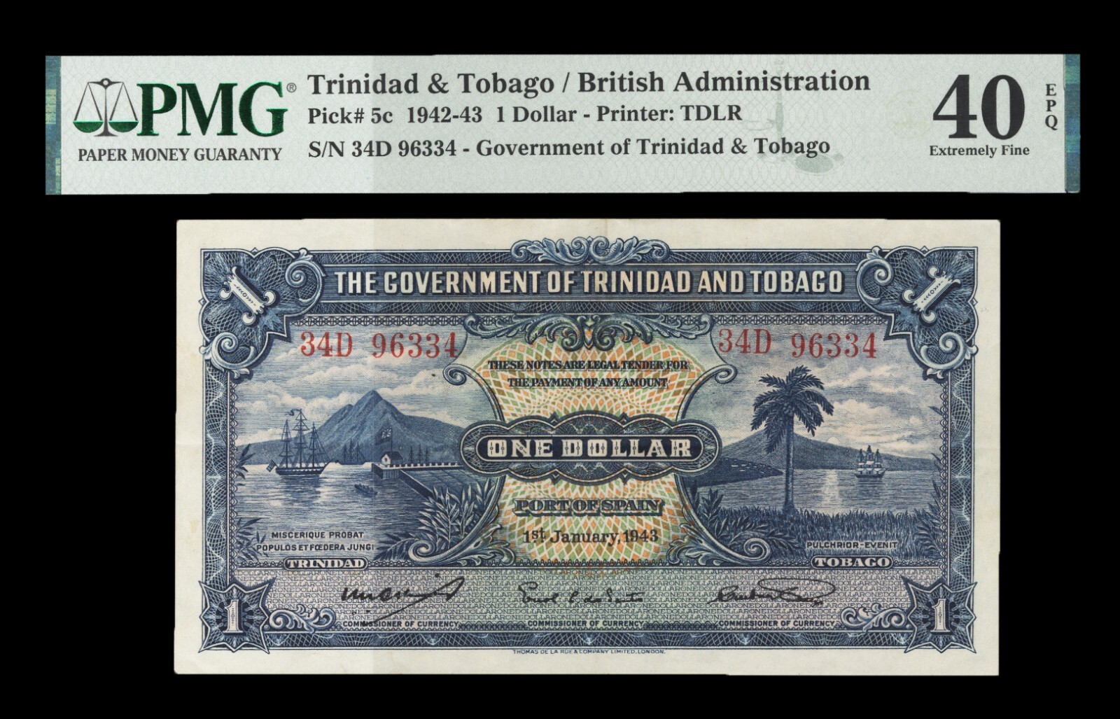 Trinidad & Tobago/British Administration P5c PMG Graded 40 Extremely Fine