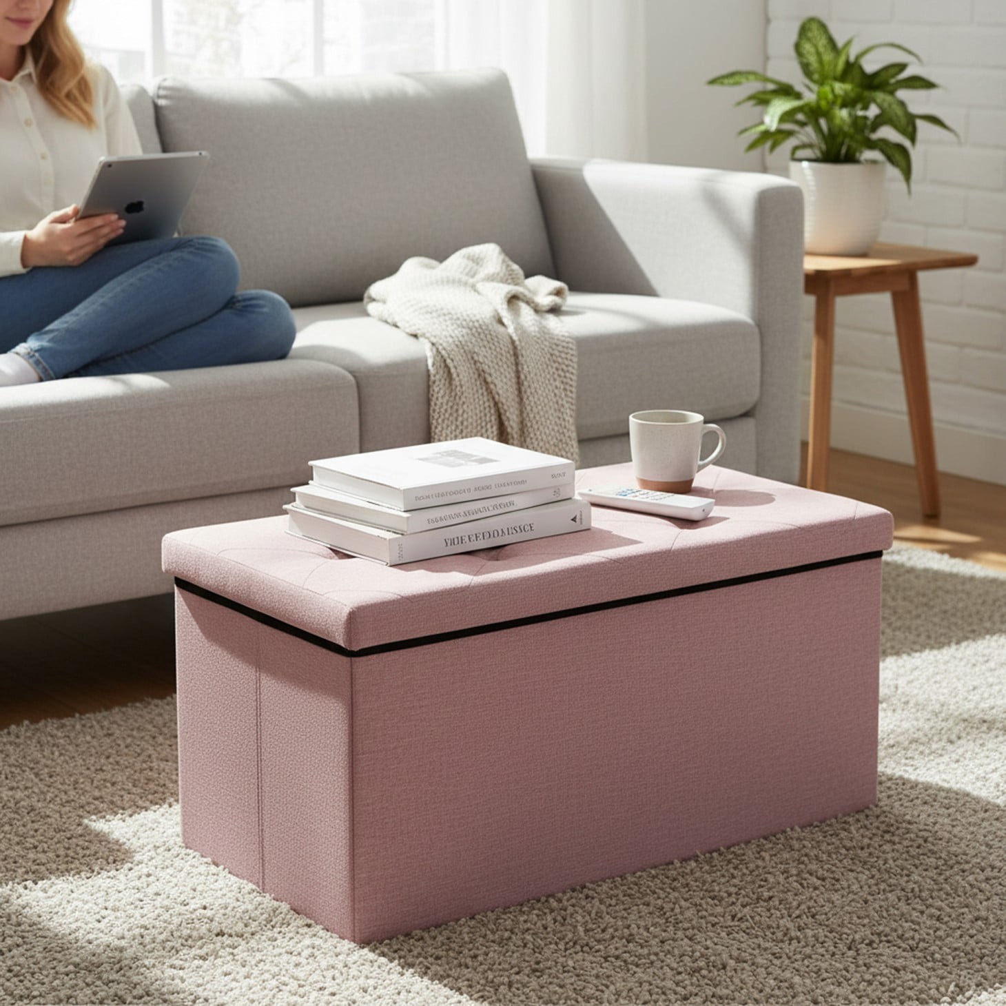 30" Storage Ottoman Bench, Foldable Footrest Stool with High Load Capacity