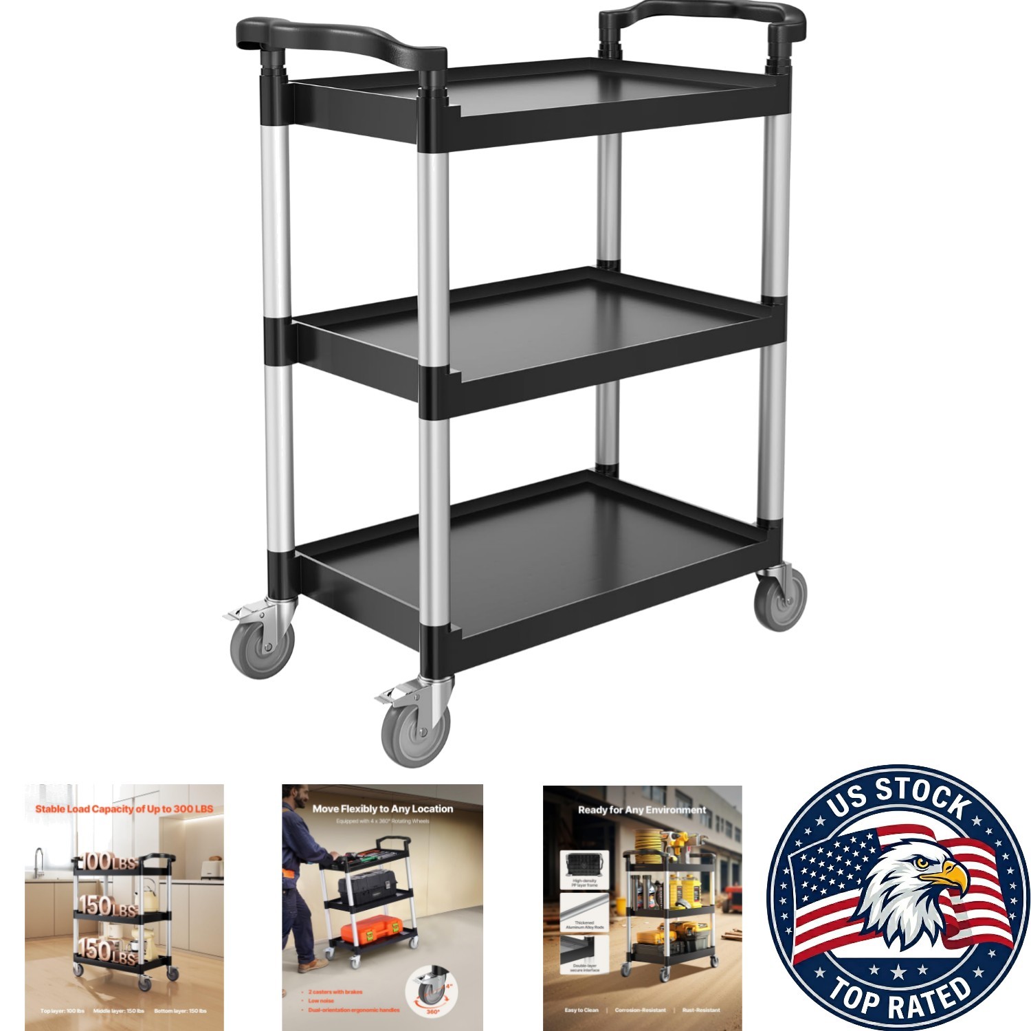 3-Tier Utility Cart with 300 lbs Capacity & 360° Swivel Wheels - Versatile Use