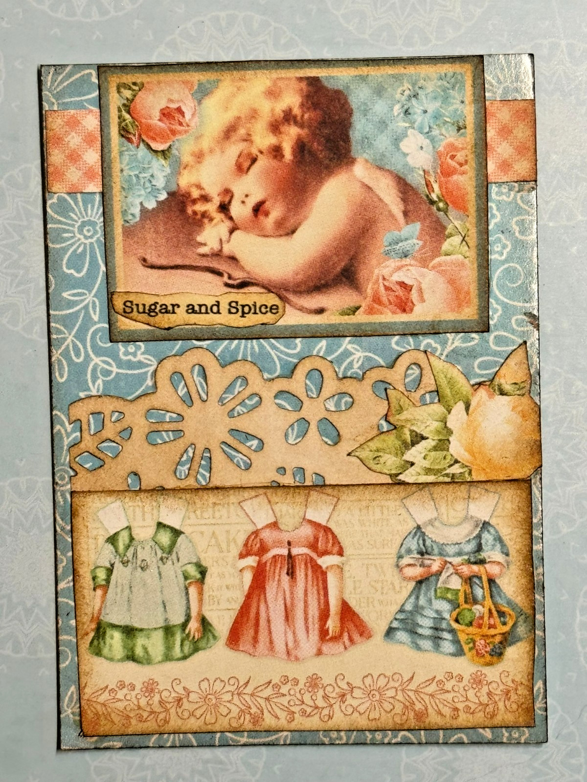 ACEO Mini Art Card Sugar and Spice Baby Girl Collage Paper, Ink by KJS