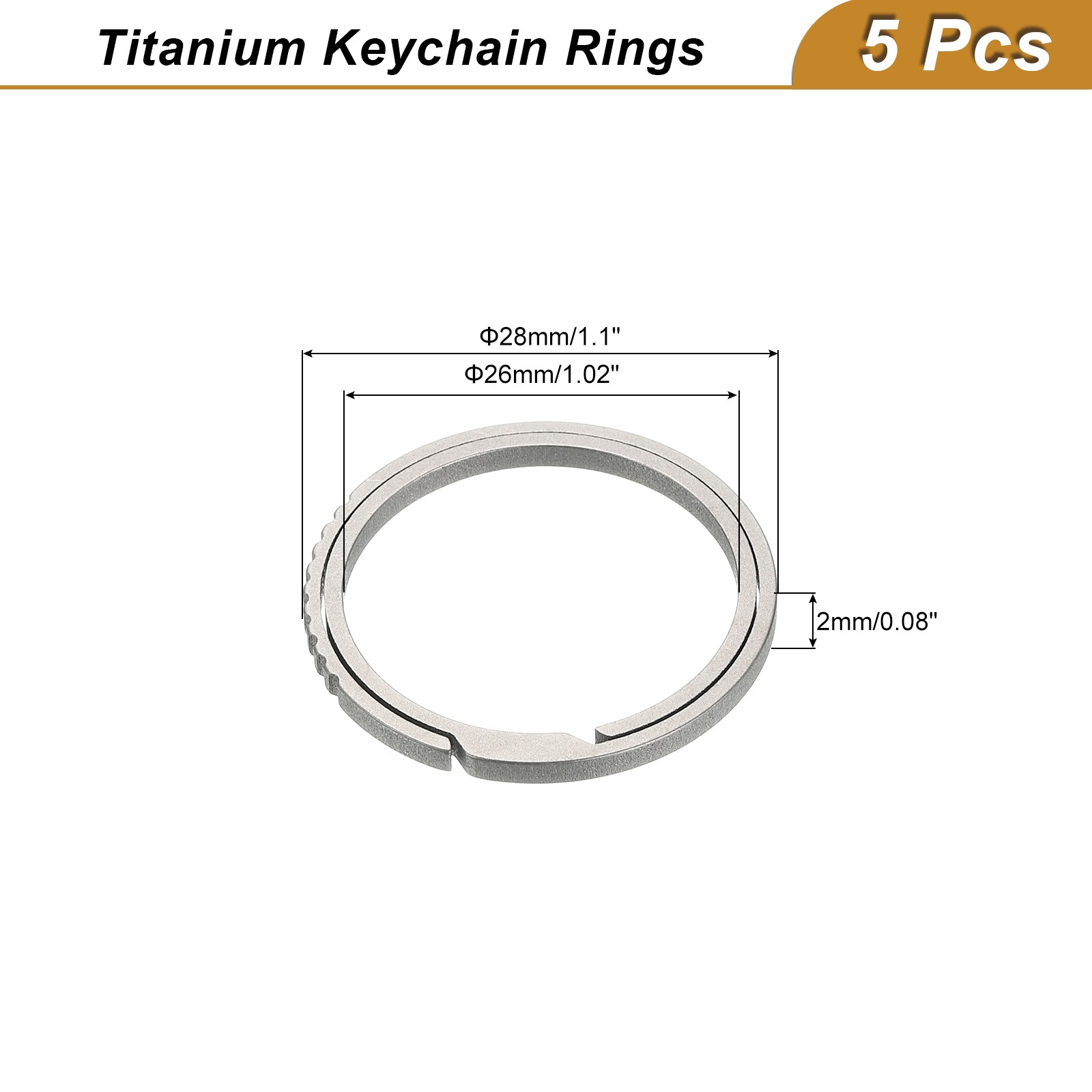 Titanium Keychain Rings, 5 Pcs 1.1-inch Split Side Pushing Key Rings, Silver