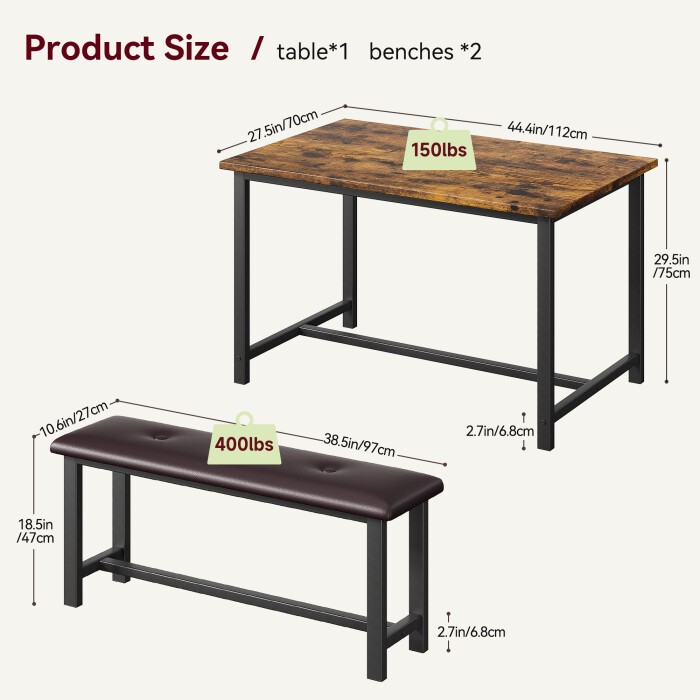 Dining Table Set with Two Upholstered Benches Kitchen Table Set for 4 Persons