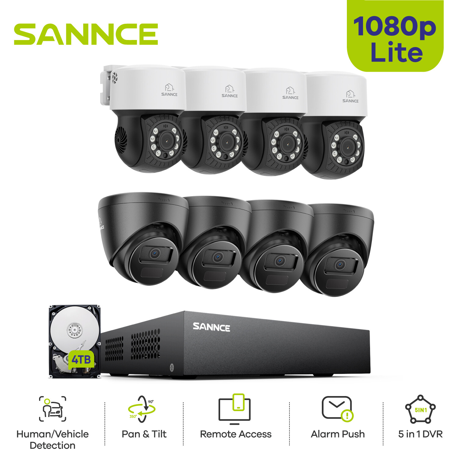SANNCE 8CH DVR 1080P 360° Pan Tilt CCTV Security Camera System Human Detection