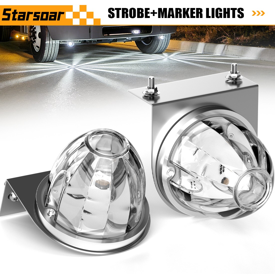 White LED Watermelon Lights w/Stainless Steel Bracket Truck Trailer Marker Light