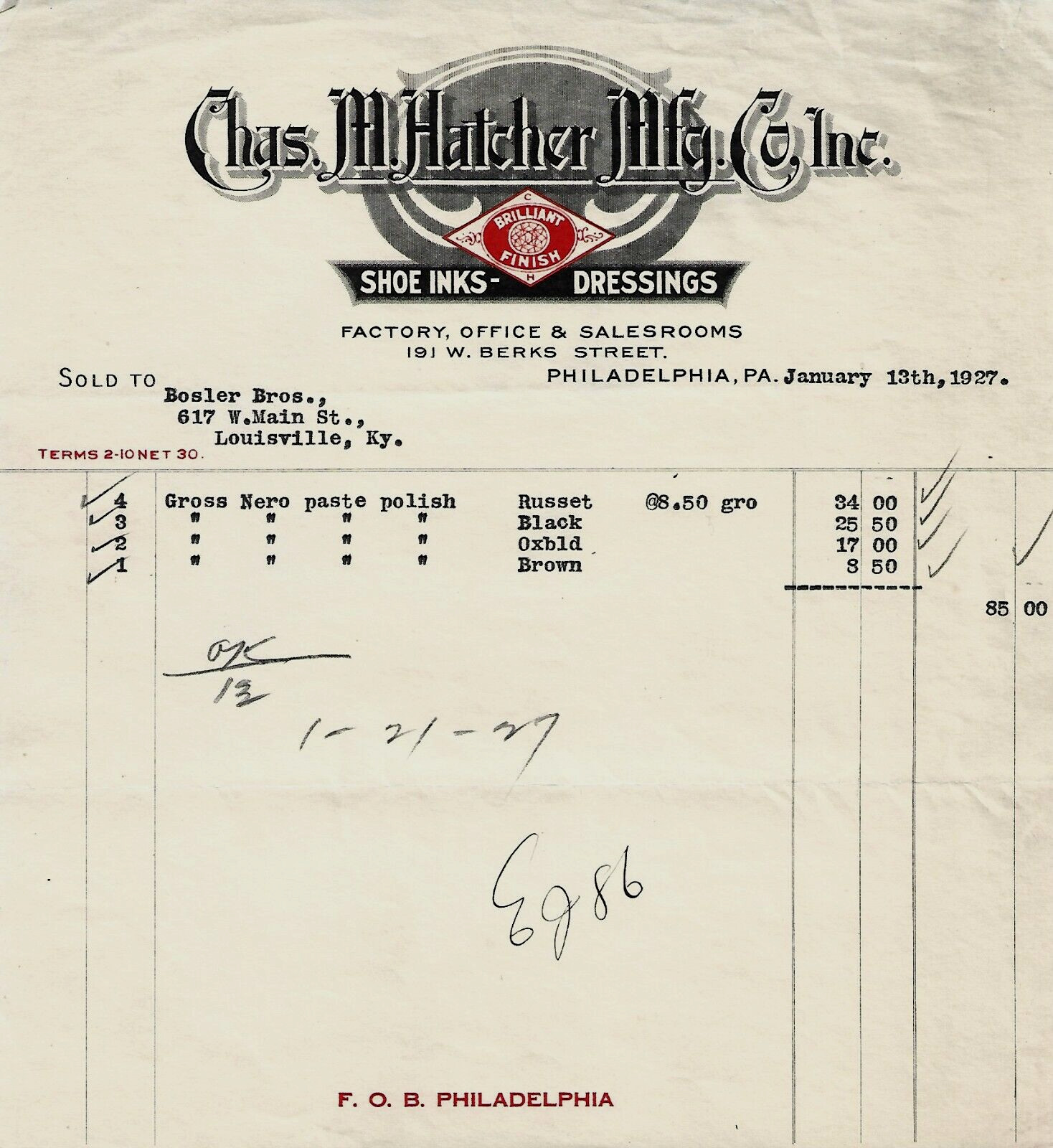 1927 HATCHER CO. BILL/LETTERHEAD~PHILADELPHIA, PA~SHOE INKS/DRESSINGS REPAIR/MFG