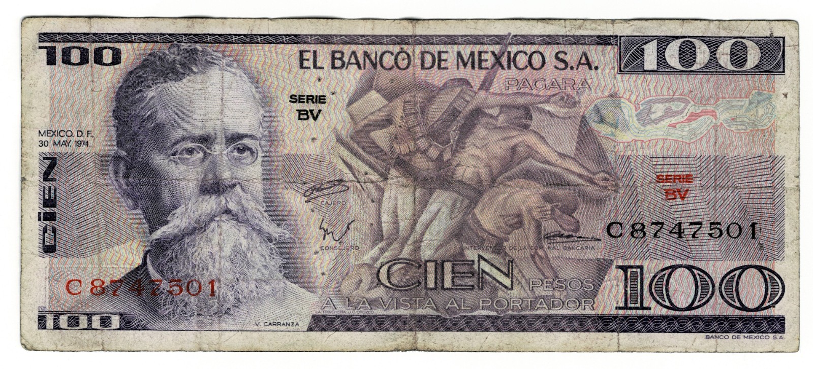Mexico 100 Pesos 1974 P-66a Toltec Chac Mool Sculpture, Tula Site Banknote