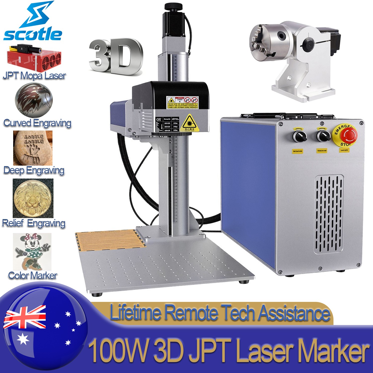 Scotle 100W JPT MOPA 3D Fiber Laser Marking Machine Curved/Relief/Deep Engraver