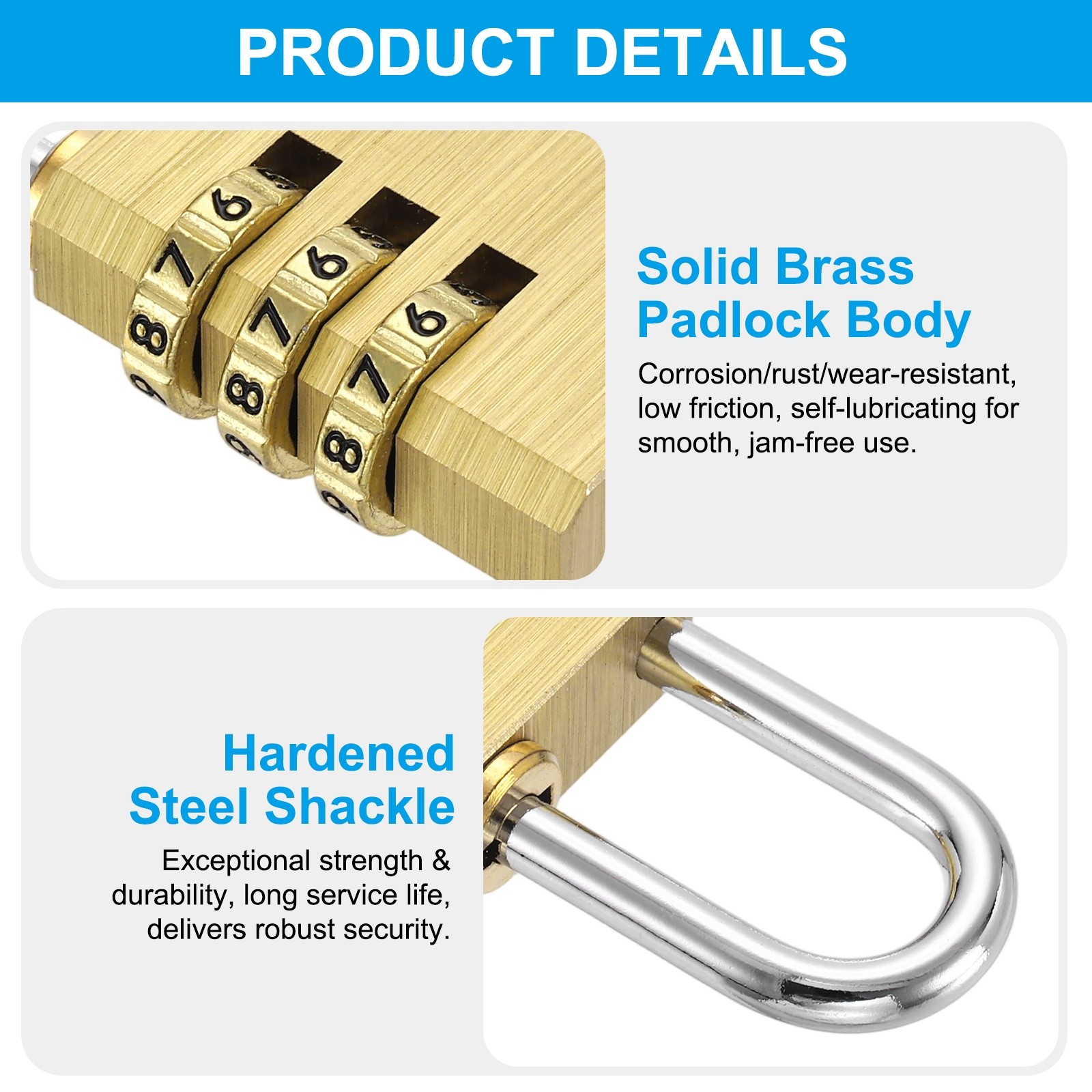 Brass Combination Lock 2.36", 4 Digit Resettable Combination Padlock Yellow