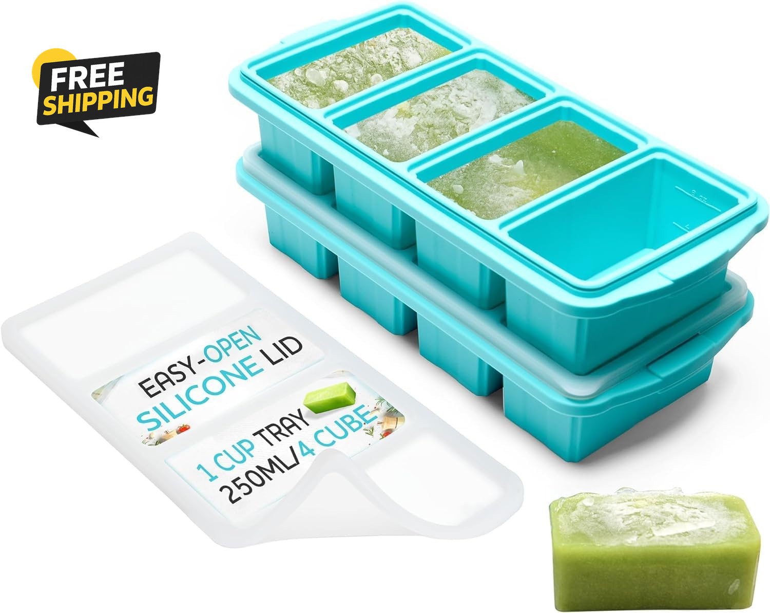2Pack  Silicone Freezer Tray w/Lid Soup Food Storage 1 Cup Cube Meal Prep Safe