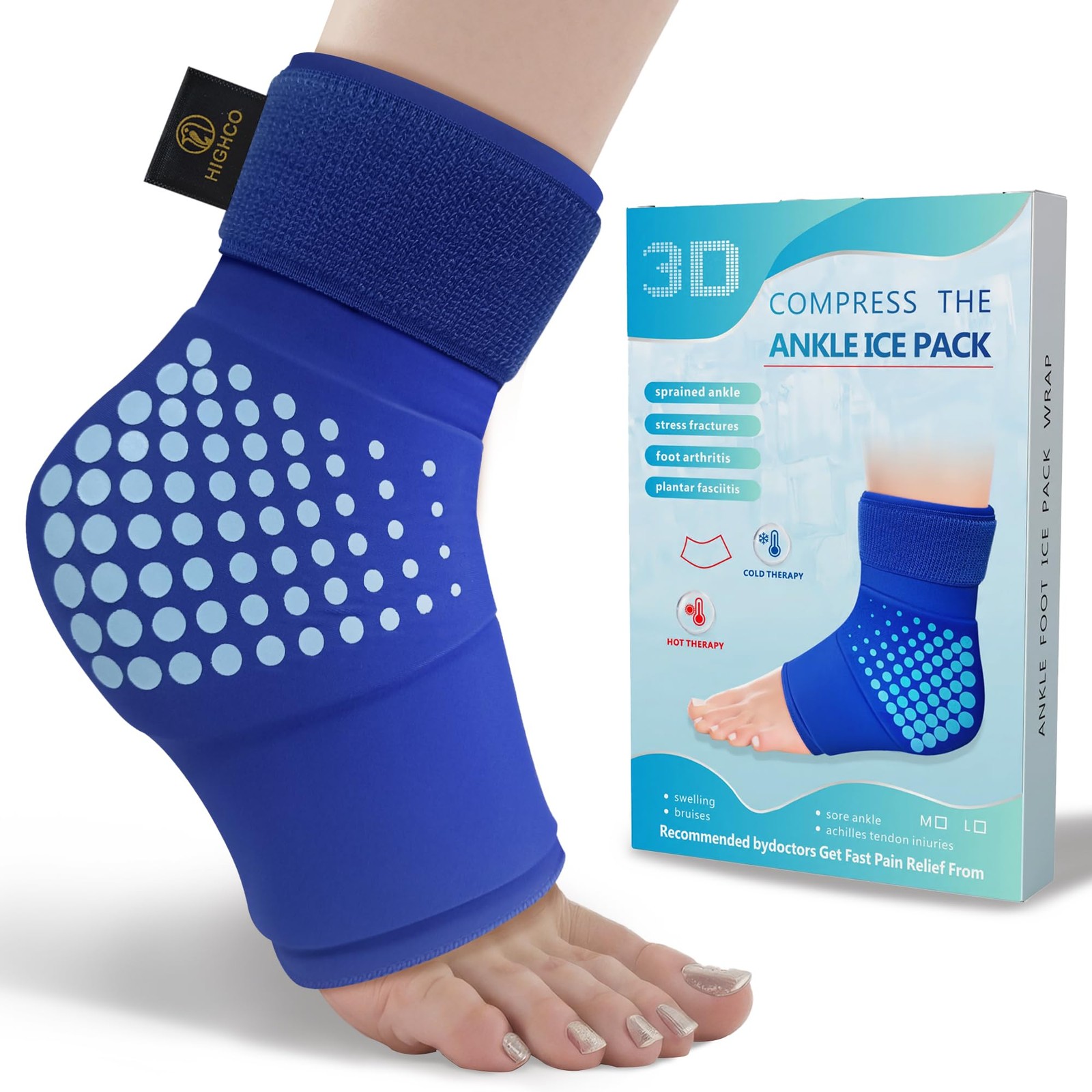 Ankle Ice Pack Wrap for Injuries Reusable Swollen Feet, Achilles L, Blue