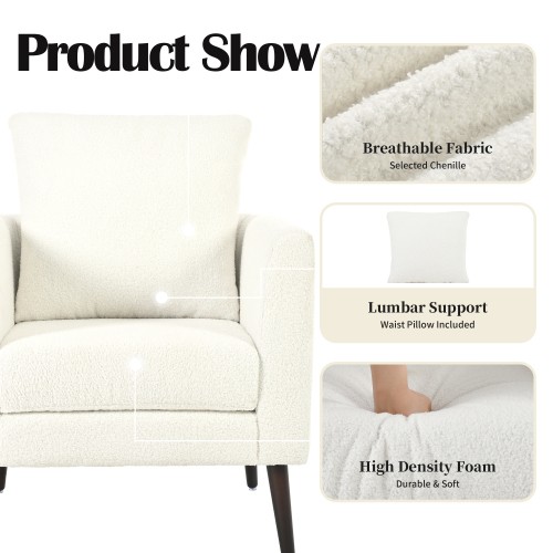 White Teddy Fabric Upholstered Club Chair Solid Wood Legs Lumbar Pillow Single