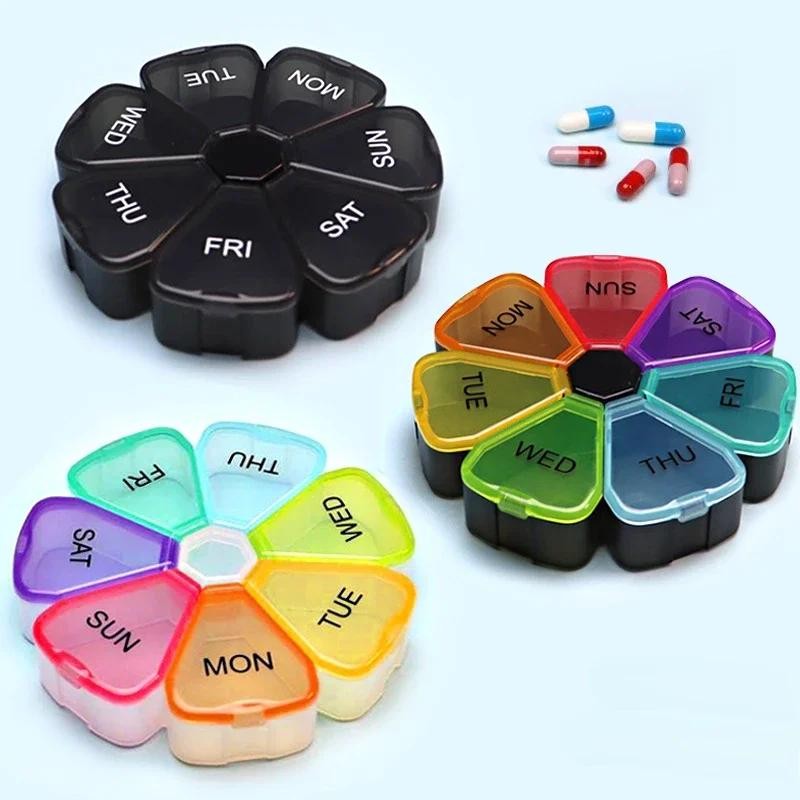 Round Weekly Pill Organizer, TPU Rubberized, Travel Pill Container 7 Day