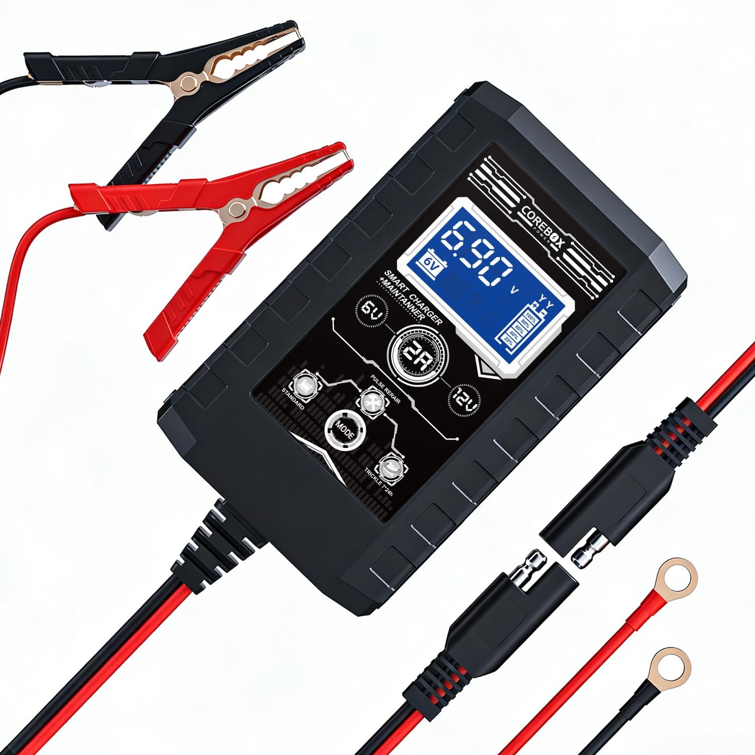 COREBOX Battery Charger 2-Amp 6V/12V Smart Trickle for Car - Black