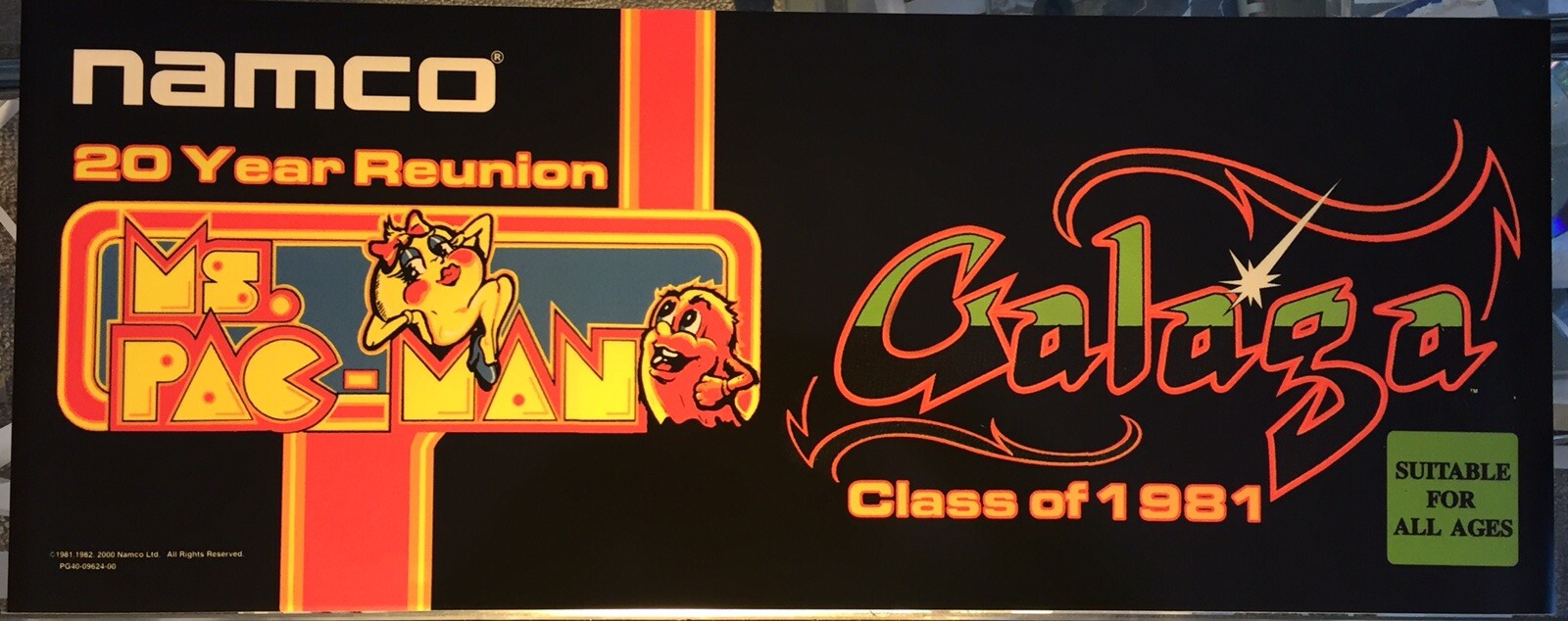 Namco 20 Year Reunion Ms Pacman Galaga Arcade Marquee 23" x 9"