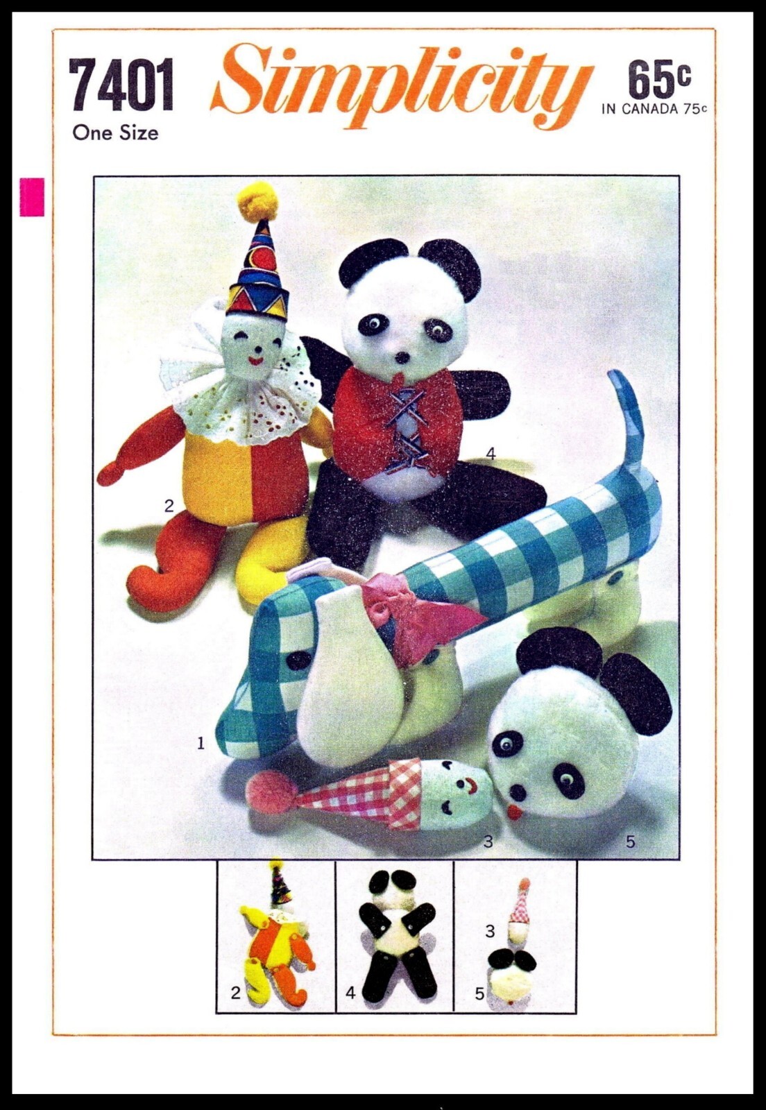 Simplicity 7401 Stuffed Animal Pattern DOG Dachshund Clown & Bear Bean Bag