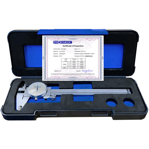 6" Dial Calipers Certified White Face - .001" Reading with Case Procheck
