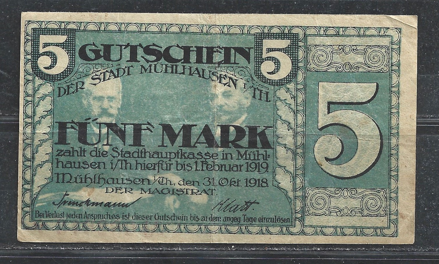 GERMANY MUHIHAUSEN $5 MARK P.? (VF+) FROM 1918.
