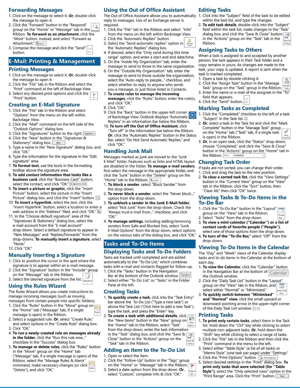 Outlook 2013 Training Guide Quick Reference Card 4 Page Cheat Sheet Instructions