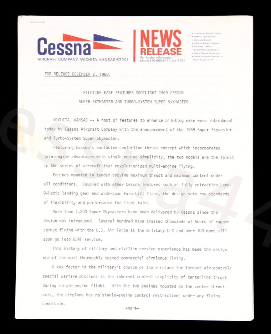 CESSNA News Release Memo Original 1968 1969 Super Skymaster Features 9 Pages