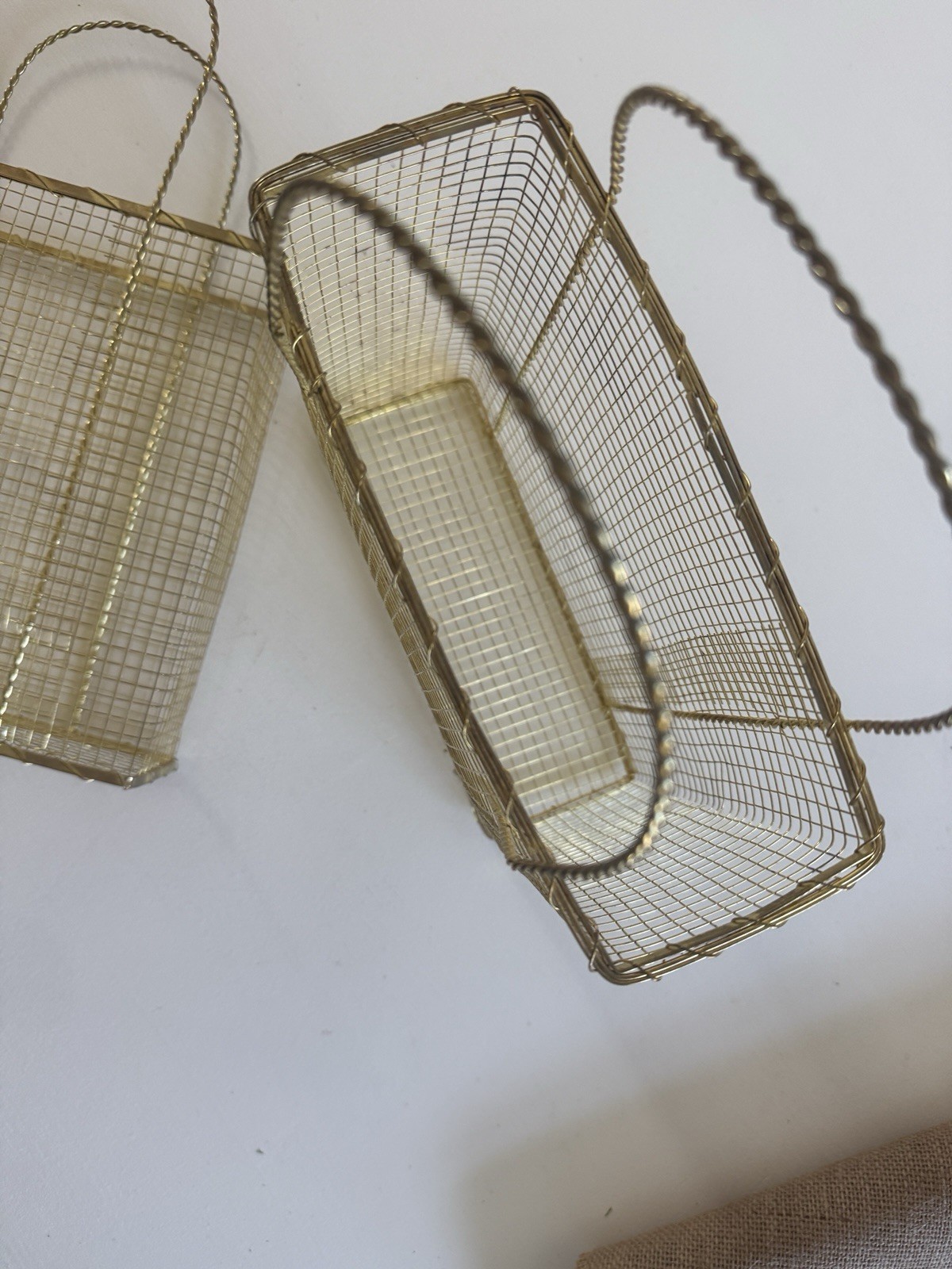 Gold Wire Basket Set Gift Bag Shape Storage Bins Handles Organizer Modern Decor