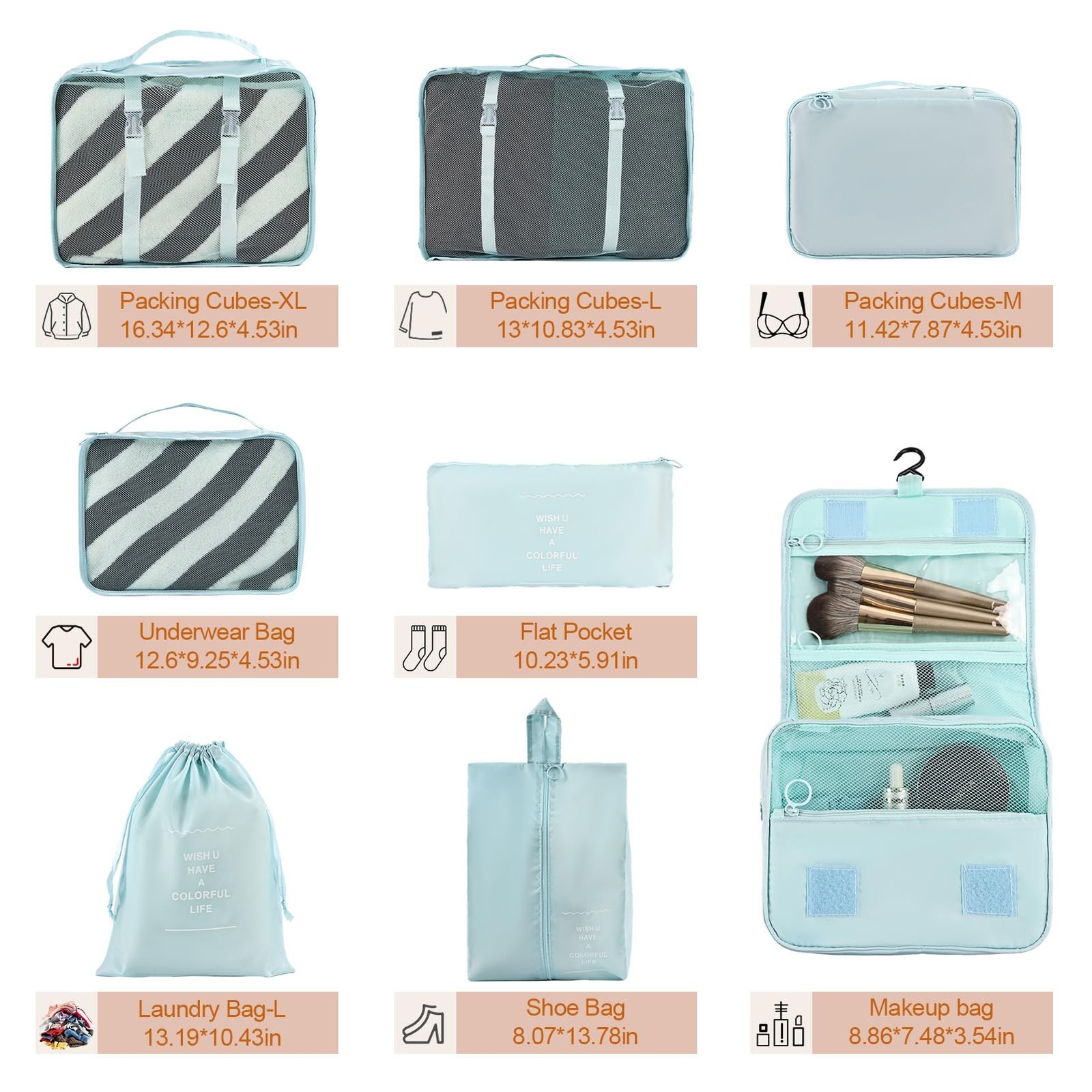 8 PCS Blue Compression Packing Cubes Travel Essentials Suitcase Organizer