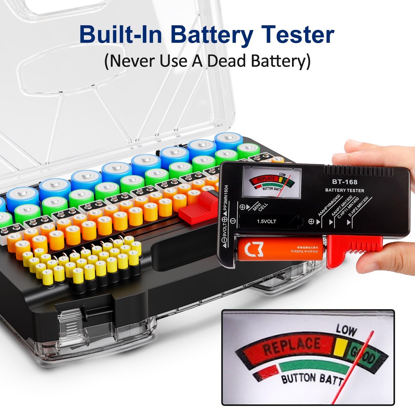 Double Sided Battery Organizer Holder Box with Tester High Capacity 285 Plus Bla