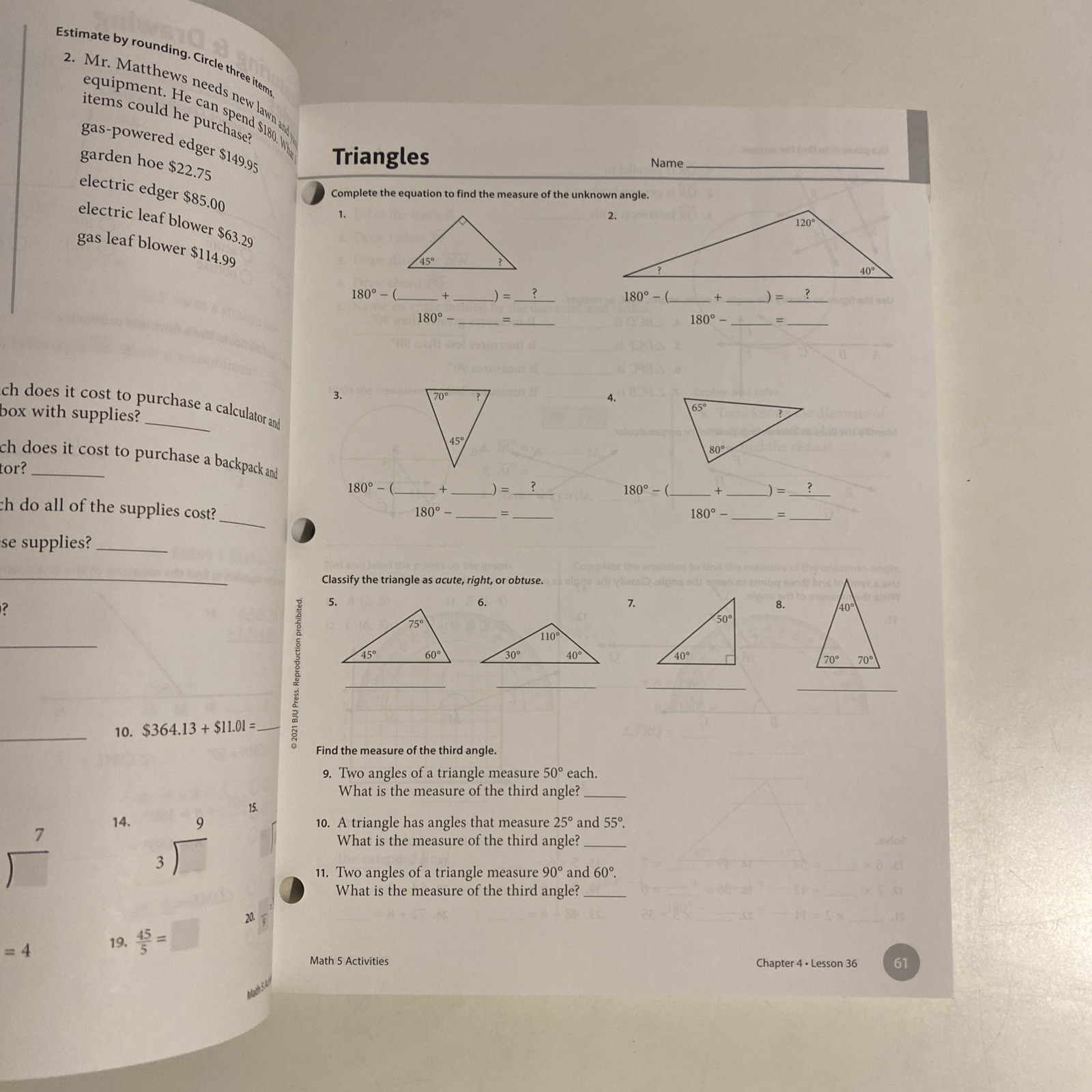 BJU Press - Math 5 Student Activities 4th Edition. Clean Pages.