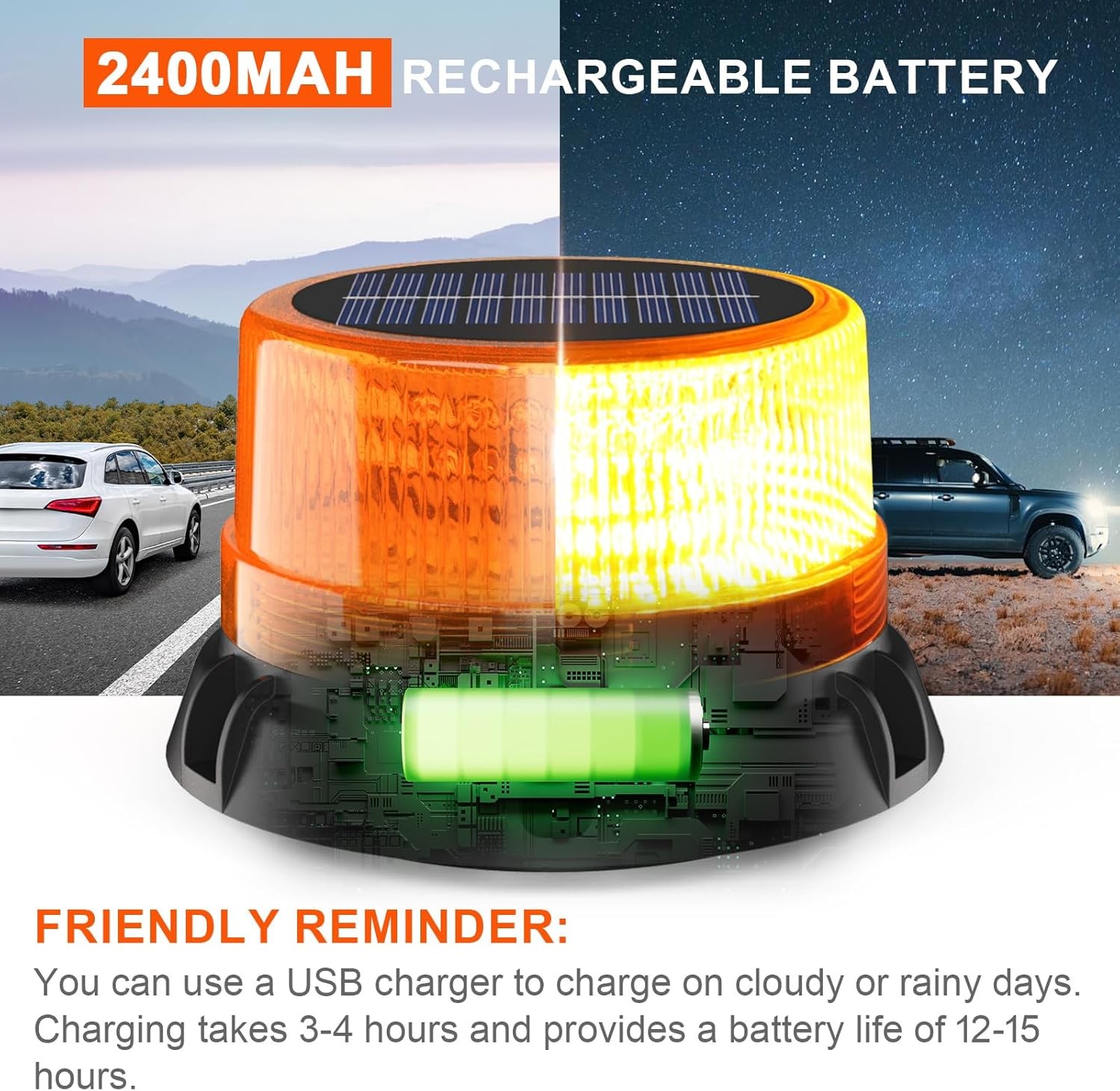 AnTom Solar LED Wireless Strobe Lights, Waterproof Rechargeable Amber Beacon Lig
