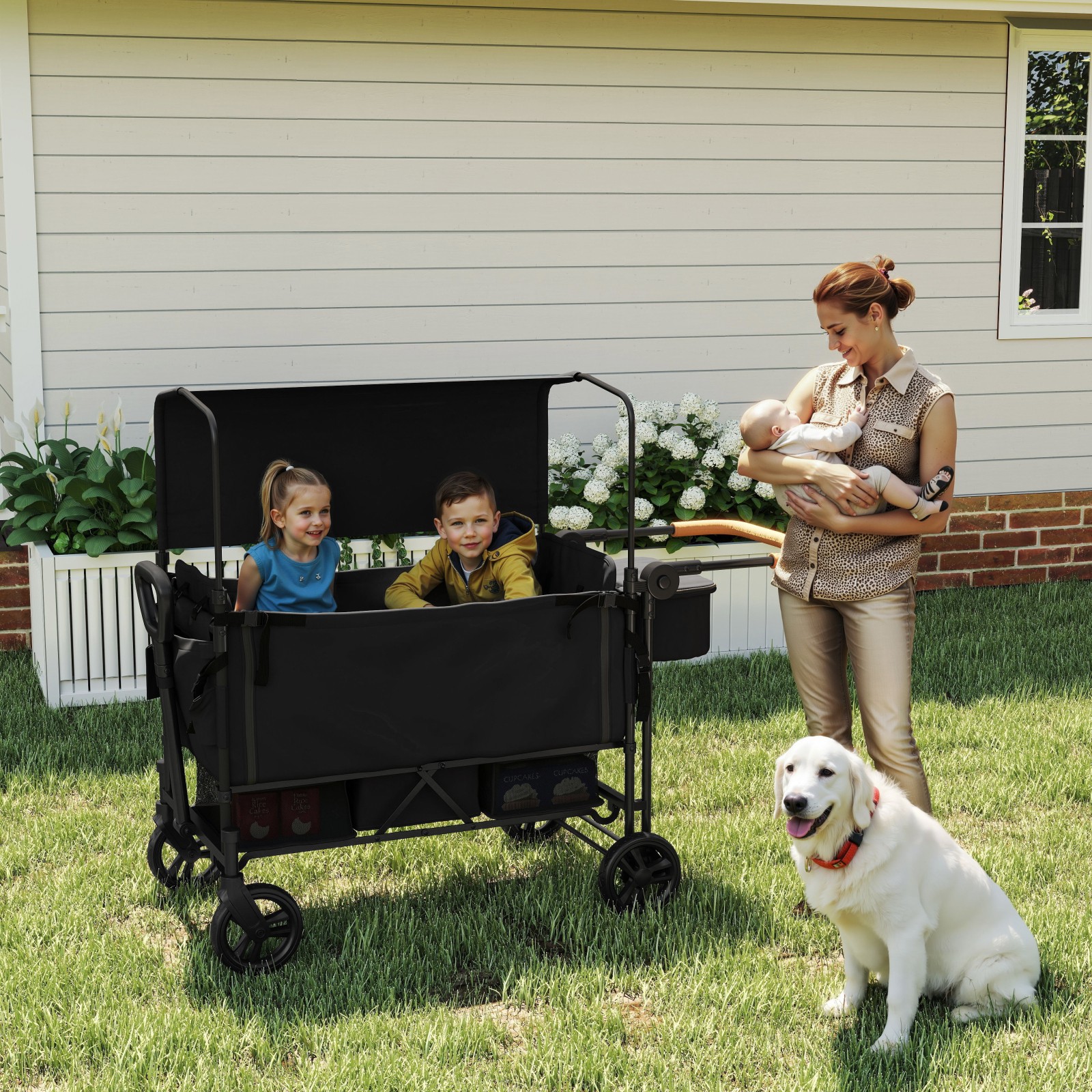 2 Kids Wagon Stroller, Adjustable Handle, 8" PU Wheels, Foldable Frame