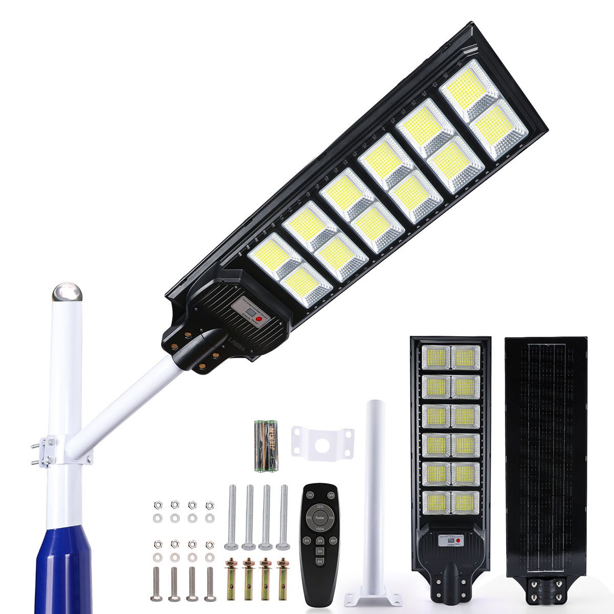 6500W Commercial Solar Street Light Dusk-to-Dawn 1200 LED Super Bright Lamp+Pole