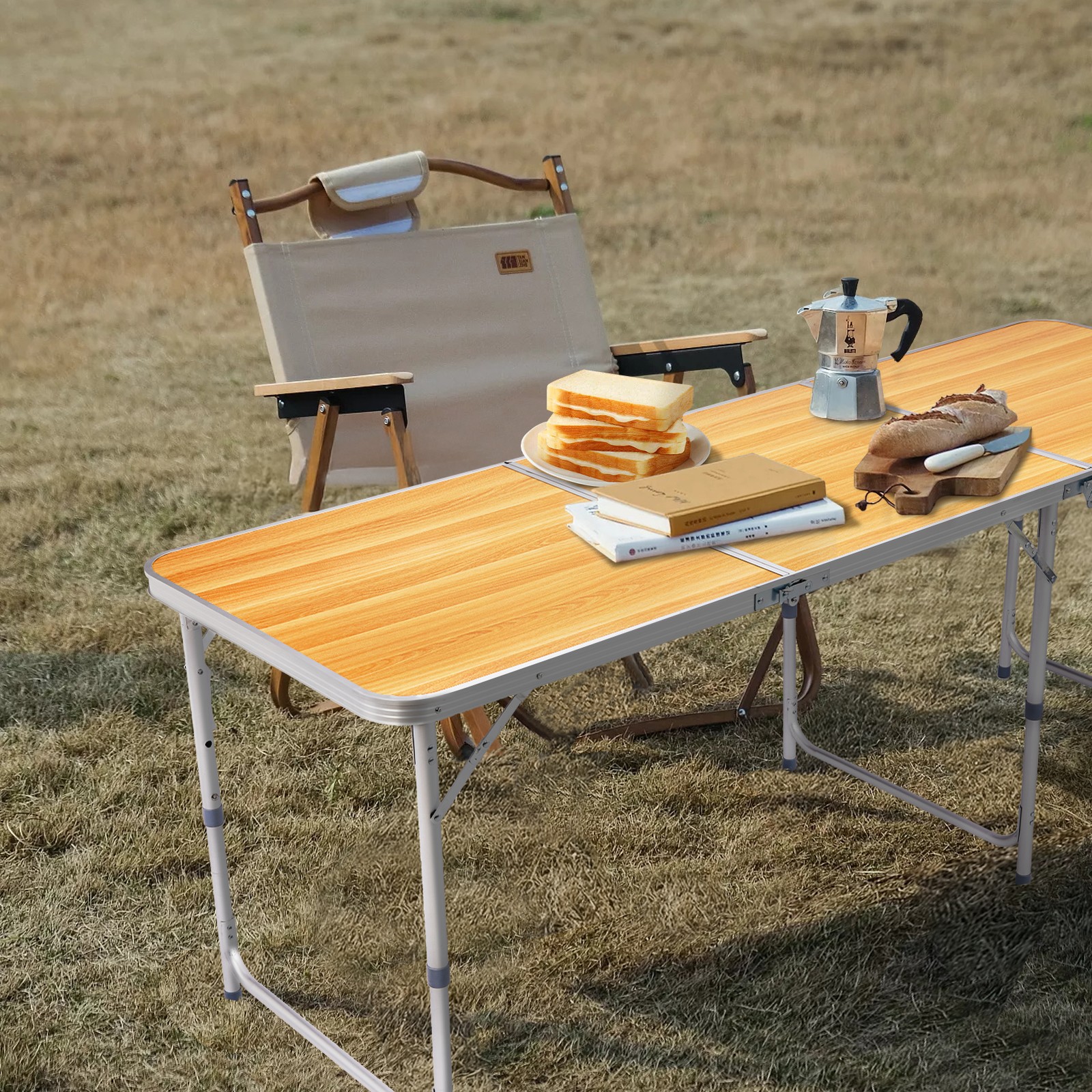 6ft Aluminum Alloy Folding Table wood grain color