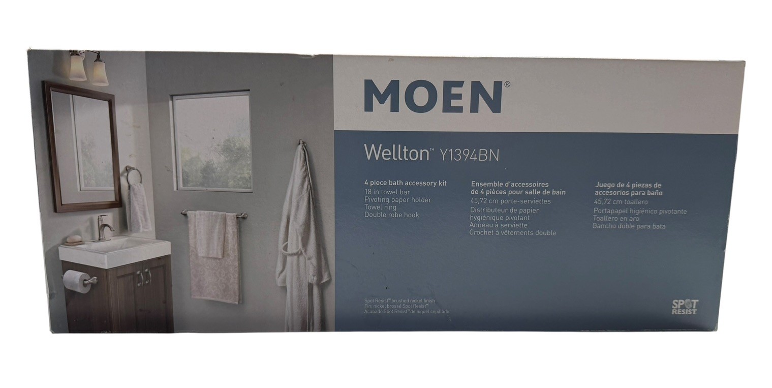 Moen Wellton 4-pc Bath Accessory Kit - BRUSHED NICKEL - Y1394BN - Opened Box