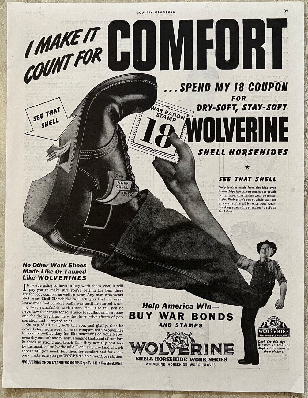 1943 Wolverine Shell Horsehide Work Shoes Books Gloves Buy War Bond Vtg Print Ad