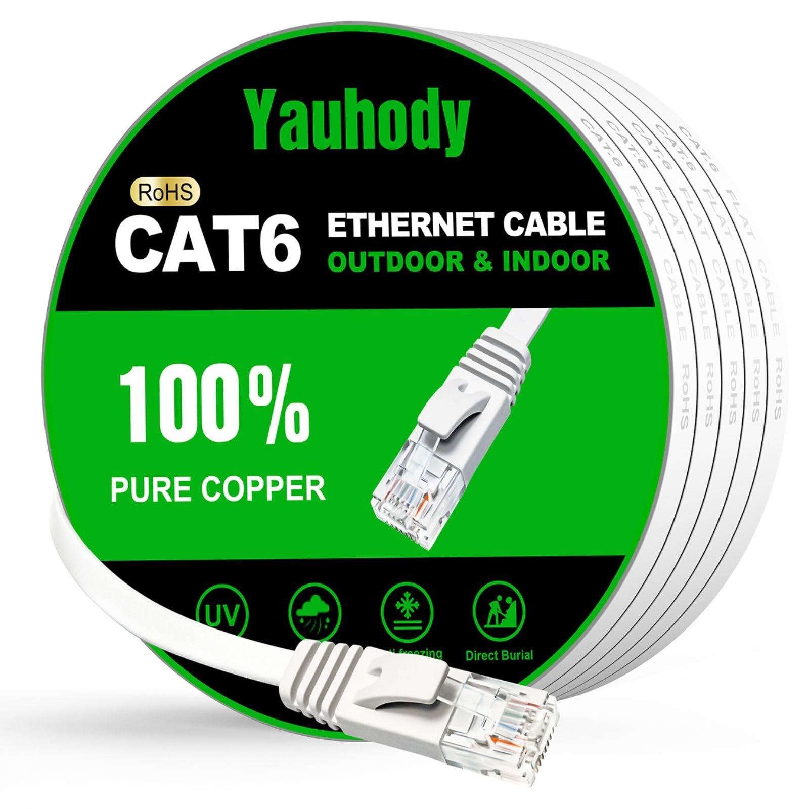 Yauhody CAT 6 Ethernet Cable 50ft White, High Speed Solid Flat CAT6 Gigabit I...