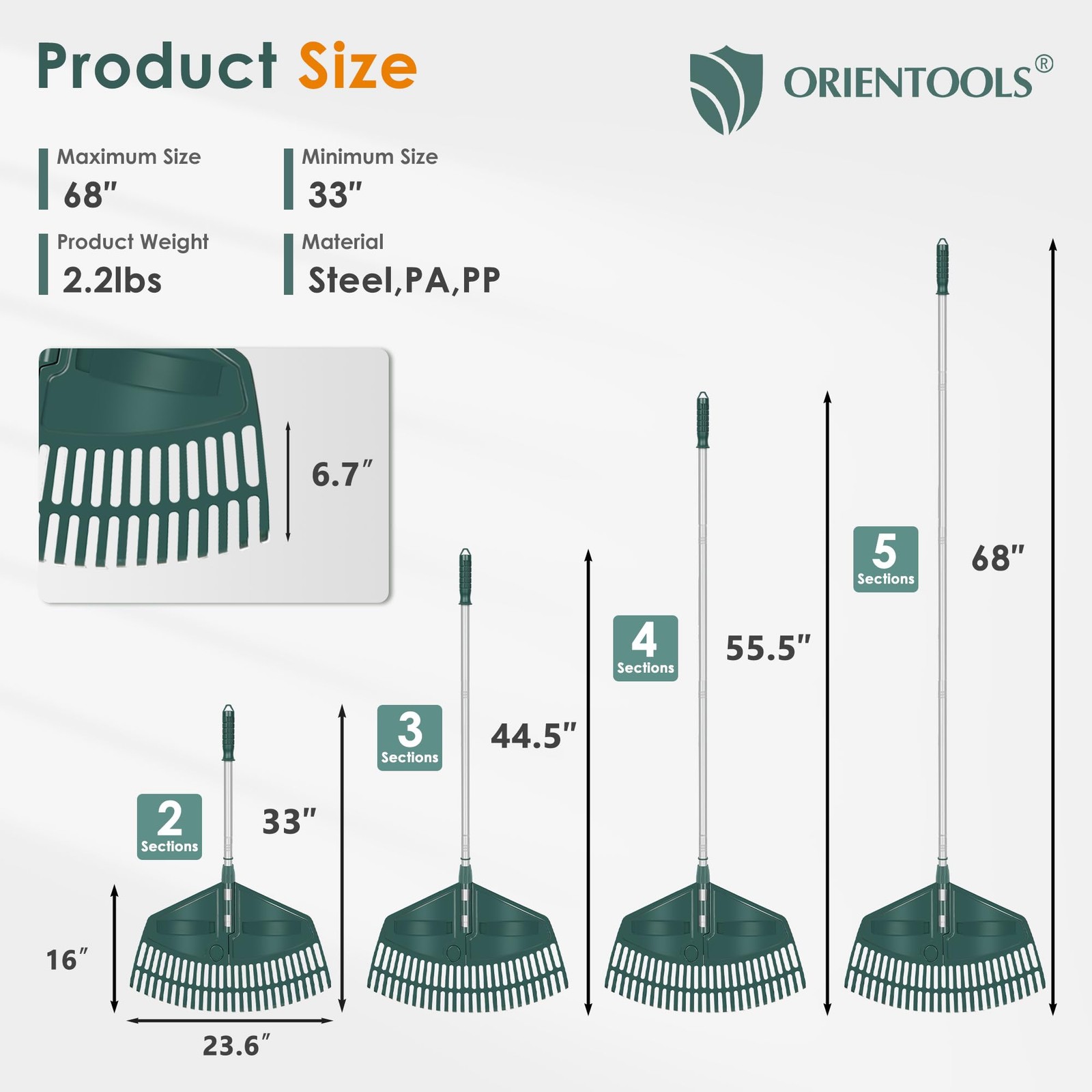 69" Adjustable Leaf Rake with 5-Section Handle, 26-Tine Durable Plastic Head,...