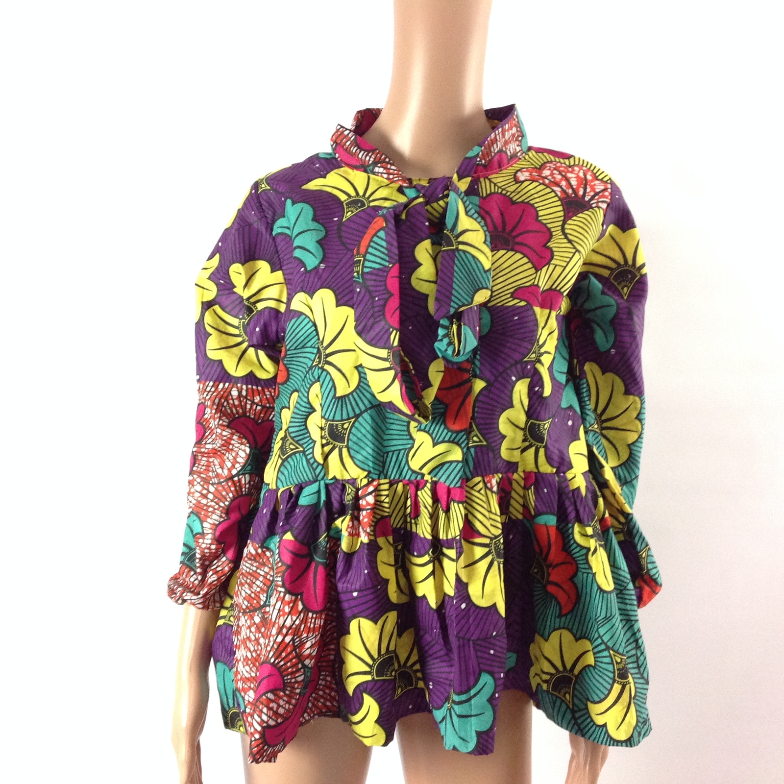 Womens Top African Ethnic Ankara Peplum Dashiki Pleated Bow Multi Color Size S