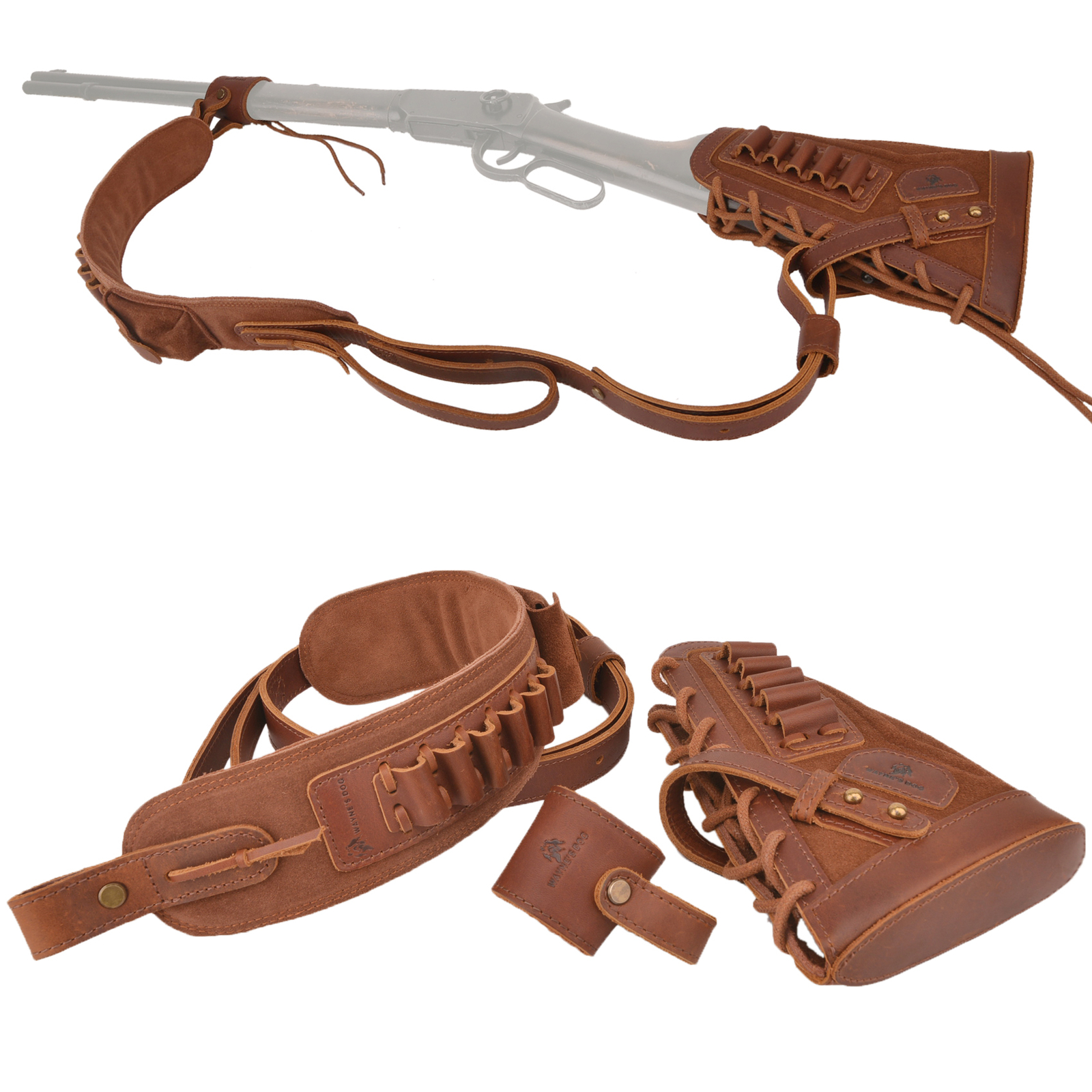 Leather Gun Buttstock ,Sling and Loops No Drill / Mounts Needed .308.30/30.22LR