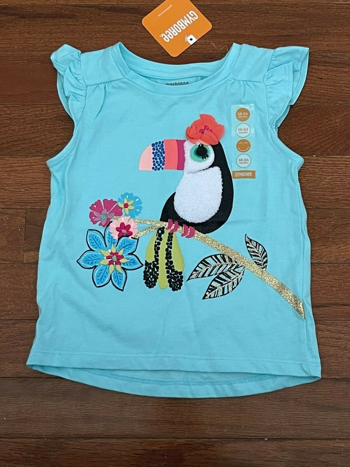 Gymboree Infant Girl Aqua Toucan Flower Graphic Tee Shirt Top Size 18-24 months